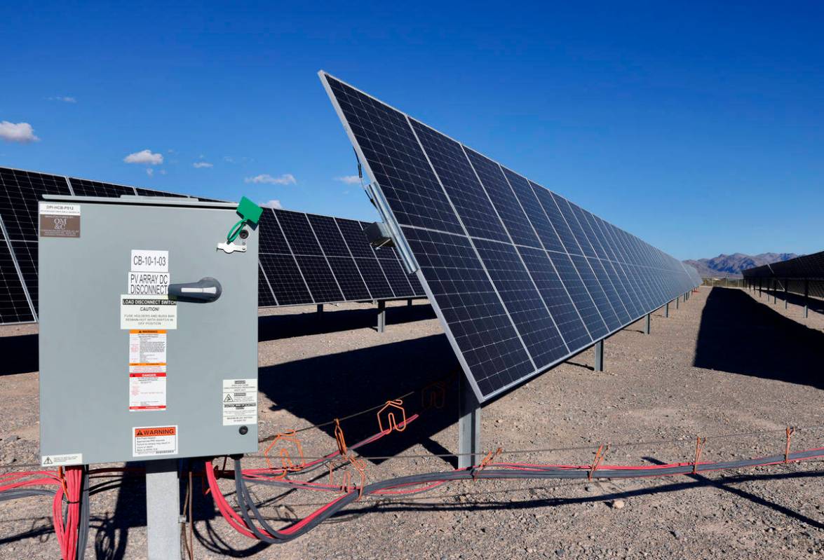 Solar panels are seen at the Harry Allen Power Plant, on Tuesday, Oct. 29, 2024, in Las Vegas. ...