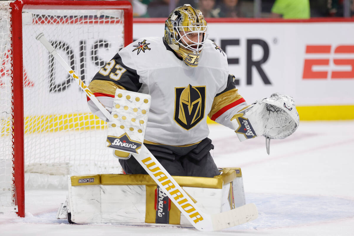 Vegas Golden Knights goaltender Adin Hill watches the play during the first period of Game 6 of ...