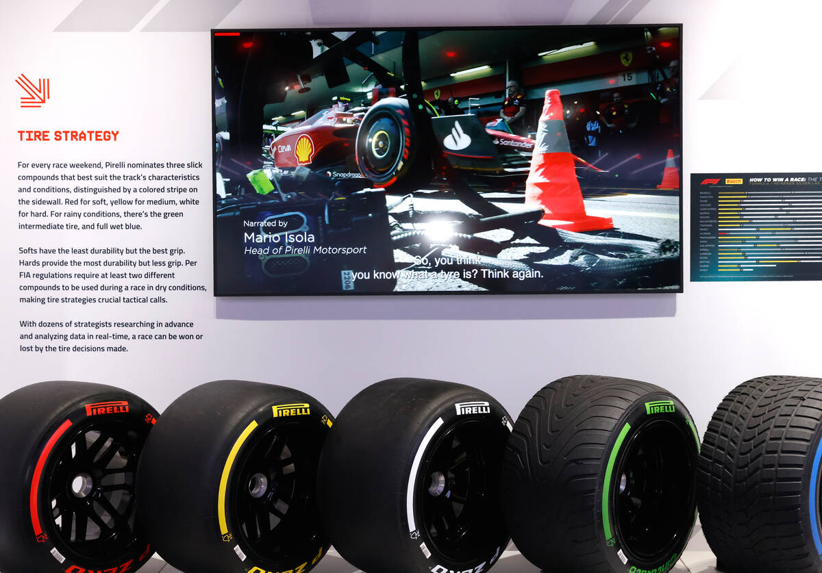 Formula One tires are displayed at Grand Prix Plaza Friday, May 2, 2025, in Las Vegas. (Bizuaye ...