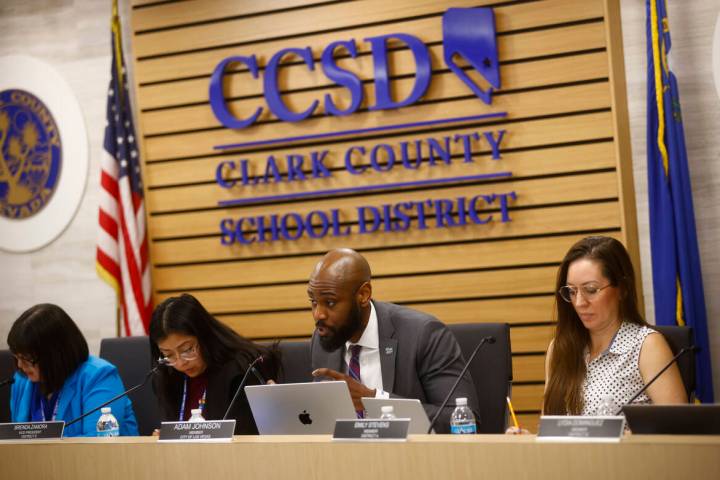 Trustee Adam Johnson speaking at a CCSD meeting at the Greer Education Center on Tuesday, Feb. ...