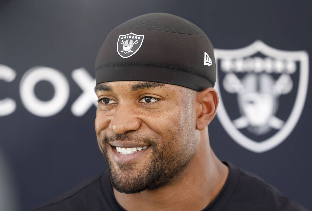 Raiders safety Jeremy Chinn (11) addresses the media after organized team activities at the Int ...