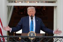 President Donald Trump speaks during a summer soiree on the South Lawn of the White House, Wedn ...