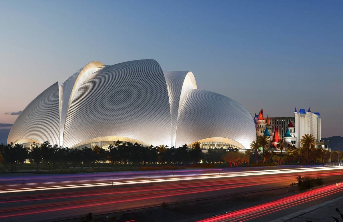An artist rendering of the Athletics' planned Las Vegas ballpark, shown during a March 6, 2025, ...