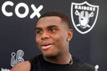 Raiders cornerback Jakorian Bennett addresses the media after participating in an NFL mandatory ...